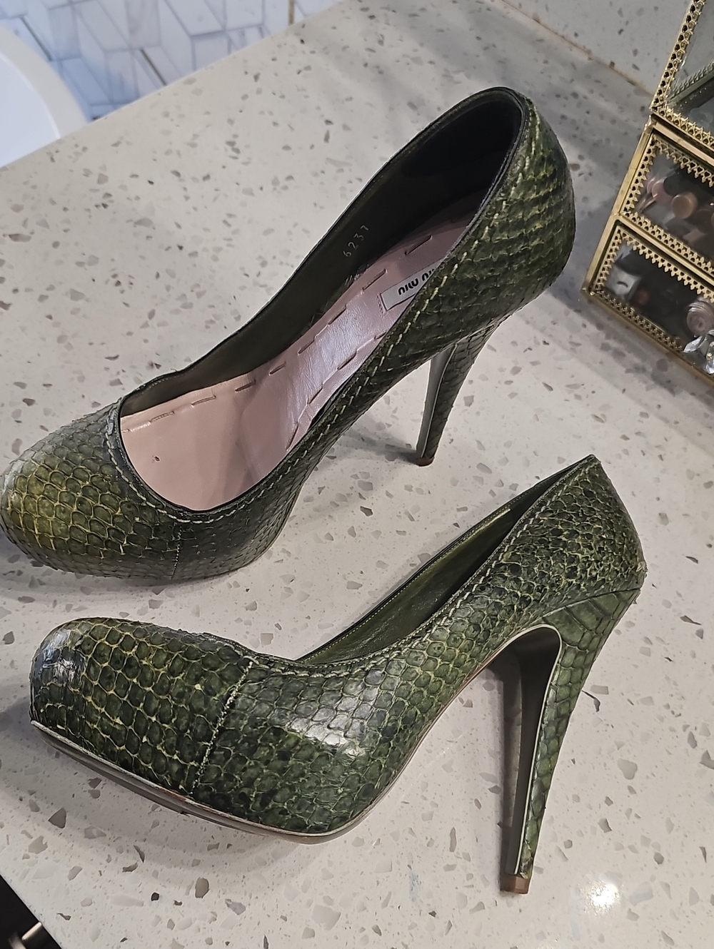 Miu Miu Olive Green Snakeskin Platform Pumps